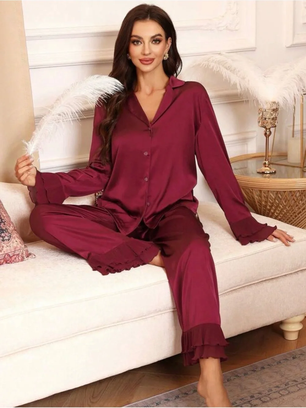 Silky Burgundy Women's Pajama Set - Elegant Long-Sleeve Sleepwear